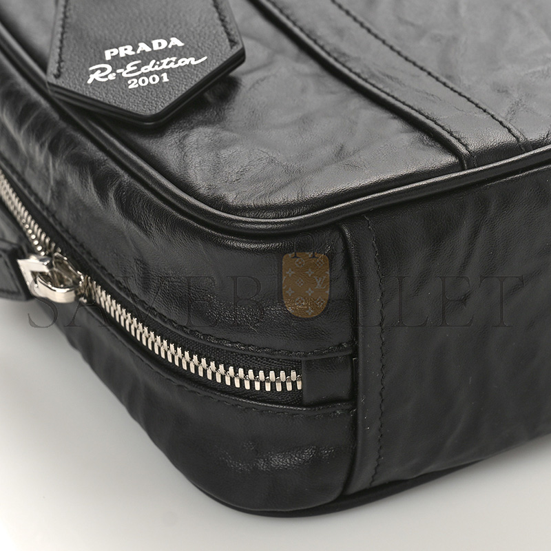 PRADA NAPPA ANTIQUE MEDIUM RE-EDITION 2001 TWO HANDLE BAG BLACK 1BB092 (24*15.5*7cm)